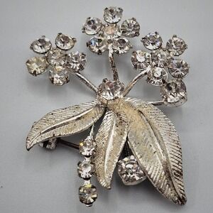 Vintage Floral Rhinestone Brooch Silver Tone Clear Austria Crystal Bouquet Pin